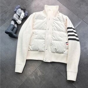 Thom Browne Cream Puffer Jacket with Striped Sleeve